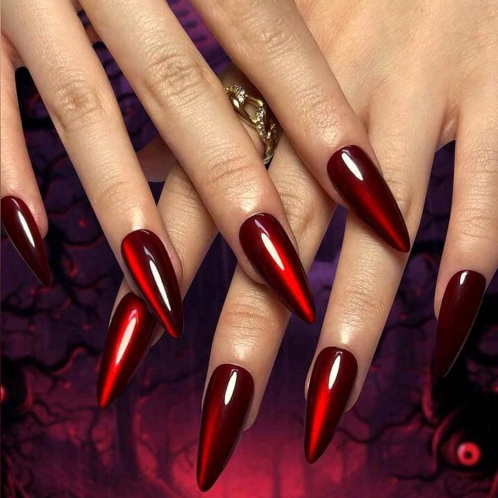 30 PCs Long Stiletto Red Cat Eye False Nails With UV Coating Press-On Nails